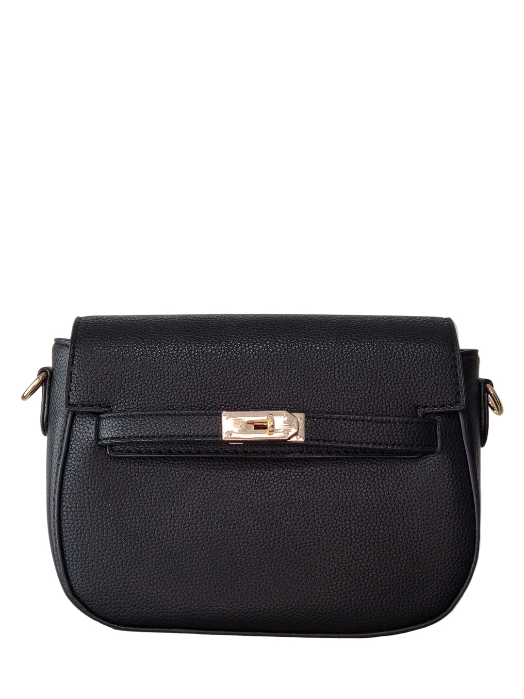 Black handbag with a gold clasp on a light gray background