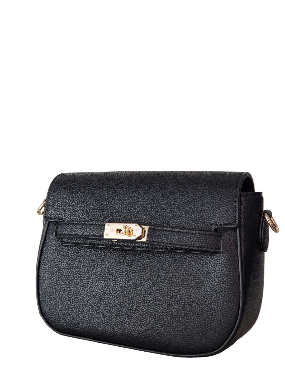 Black leather handbag with gold hardware on a light gray background