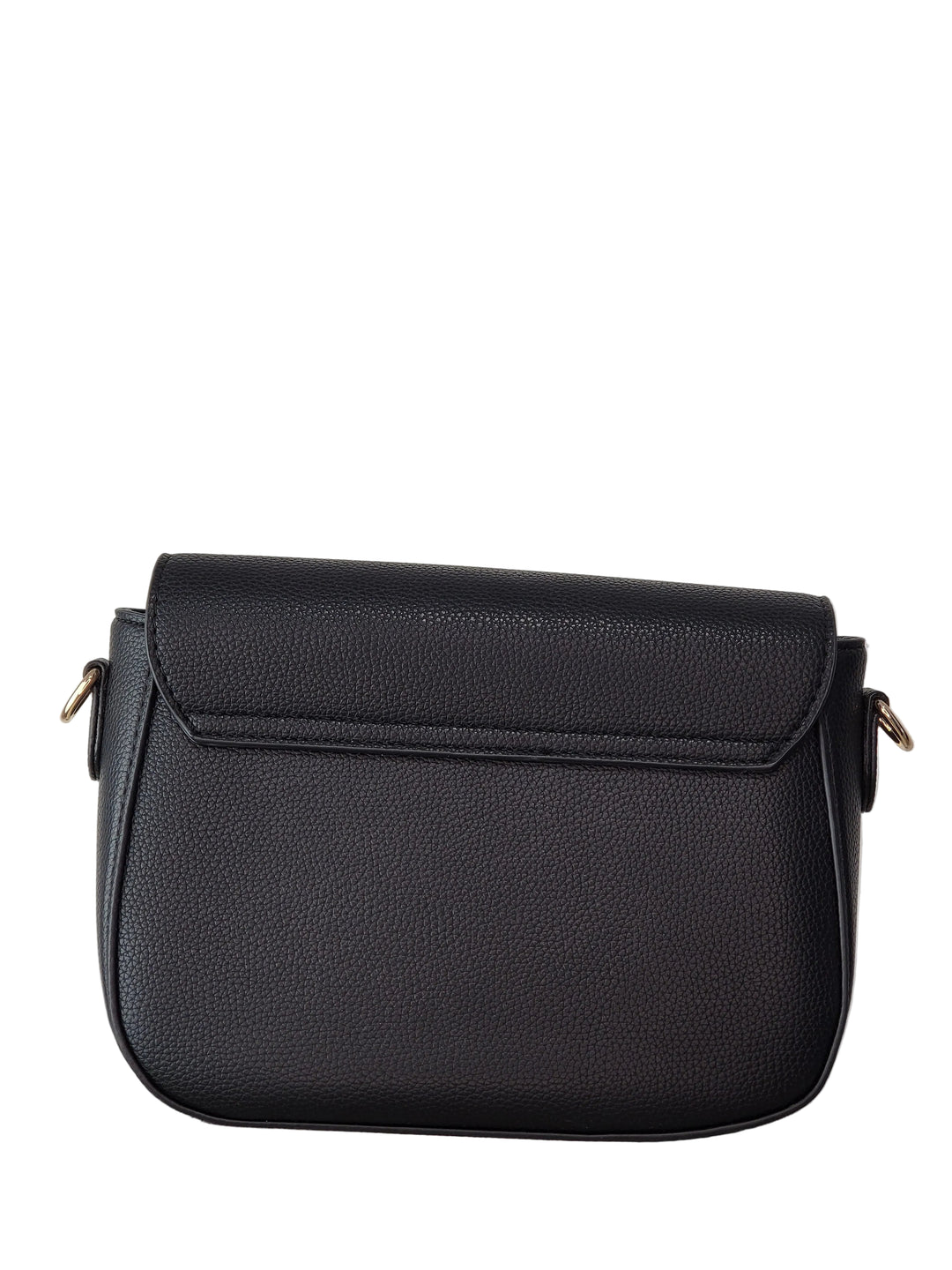 Black leather handbag on a light gray background
