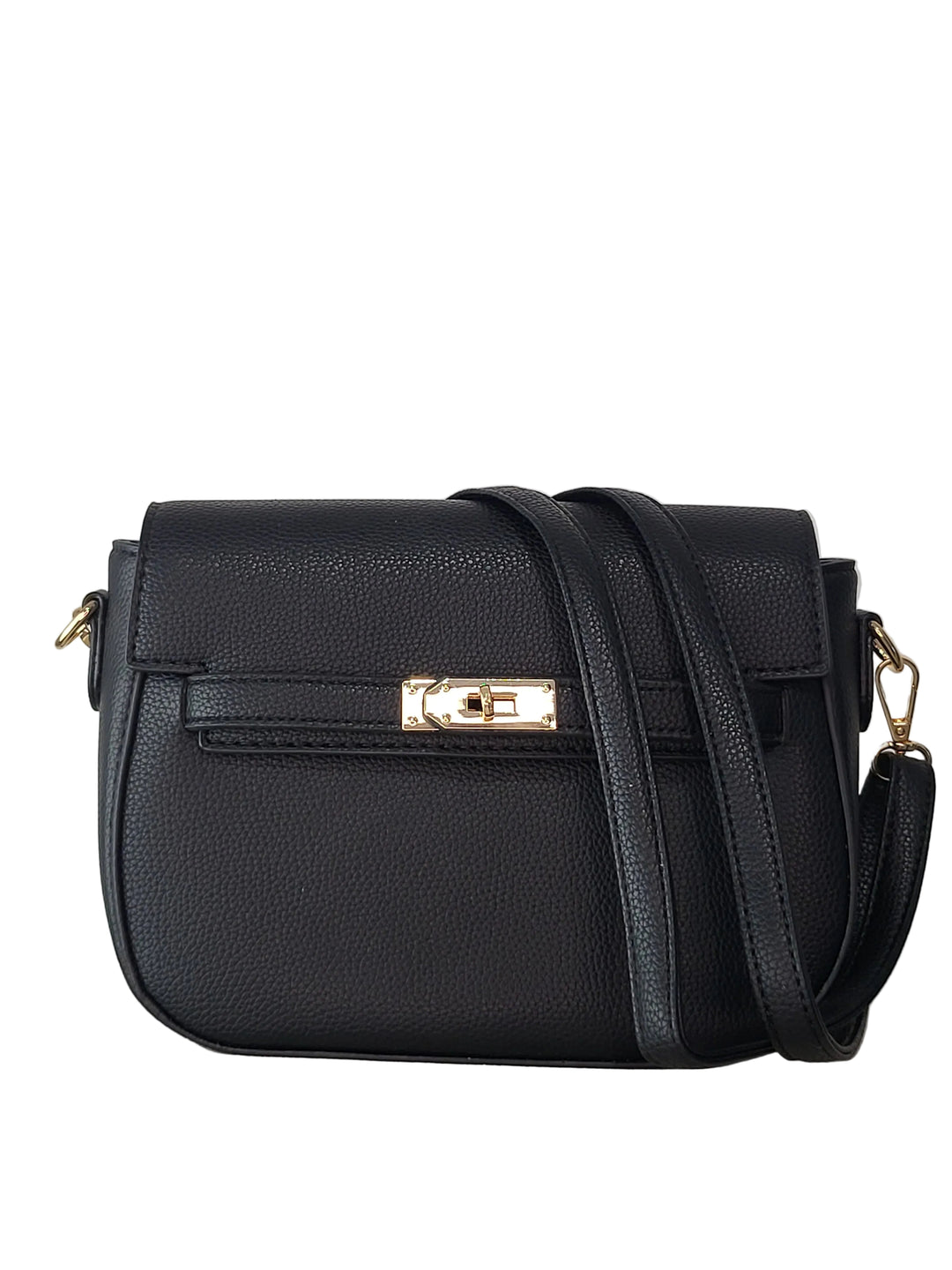 Black leather handbag with gold zipper on a light gray background