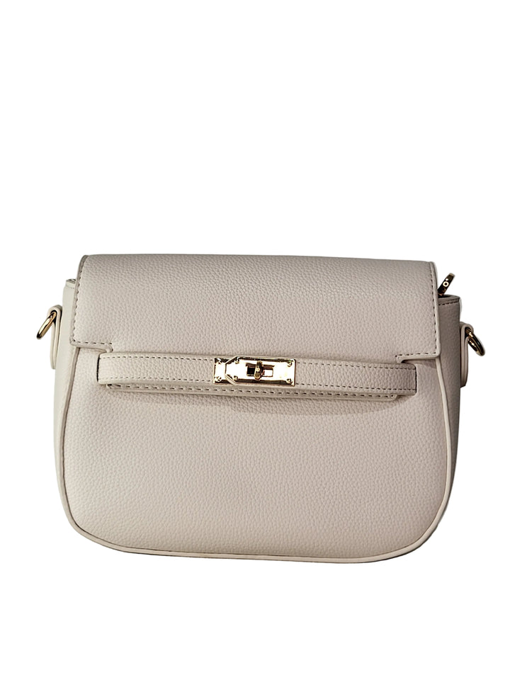 Beige handbag with gold zipper on a light gray background